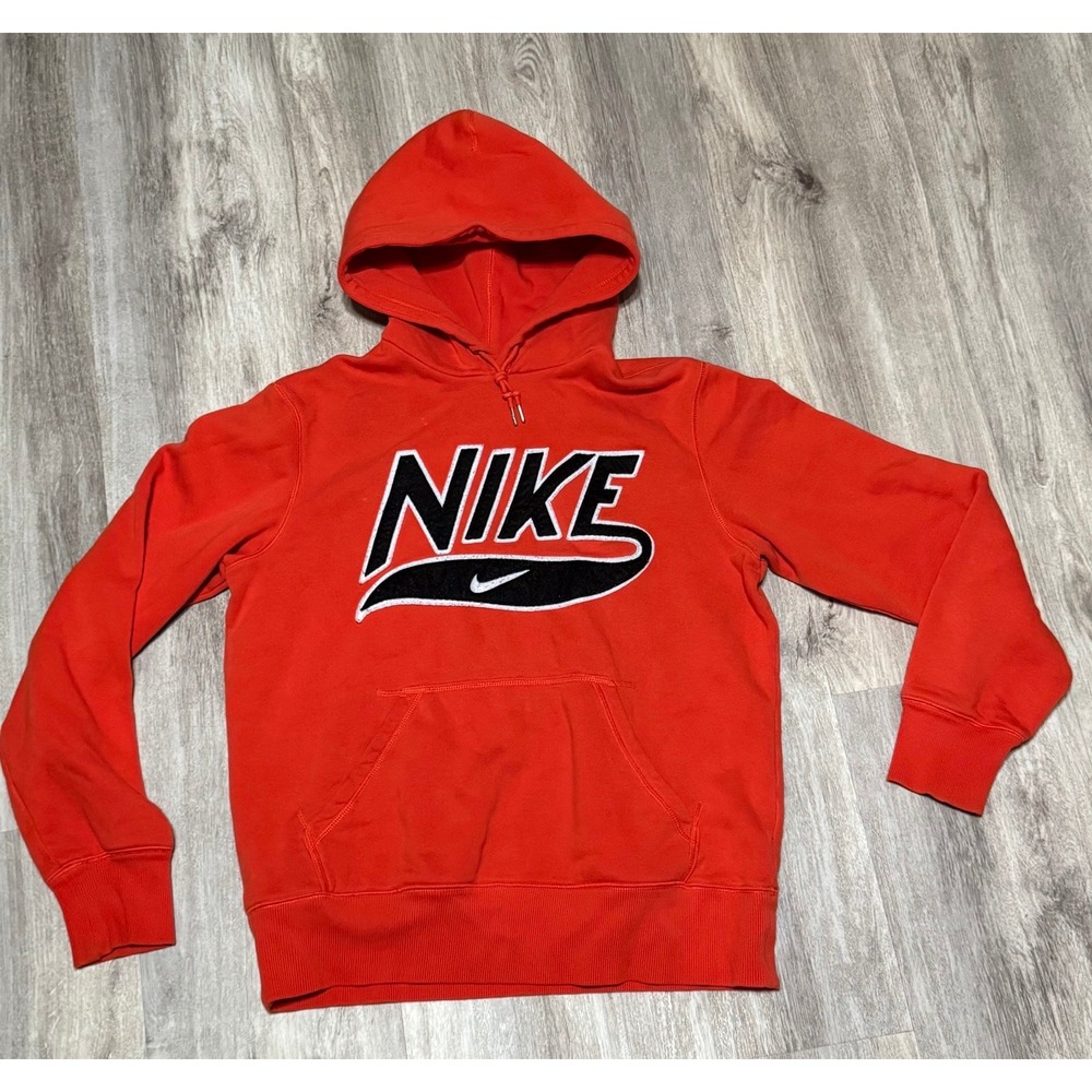 Nike Hoodie Mens Medium Orange Pullover Tail Sweep Puff Print Black